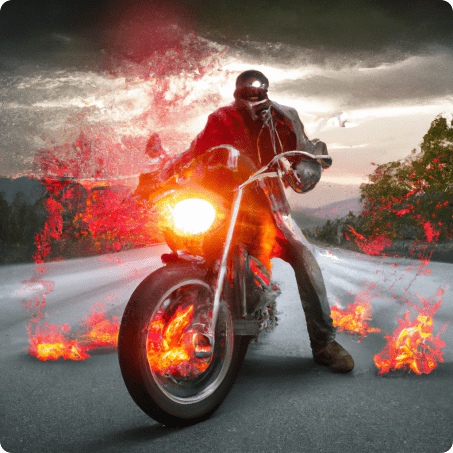 Biker riding a bike on an empty highway wheels are on fire.