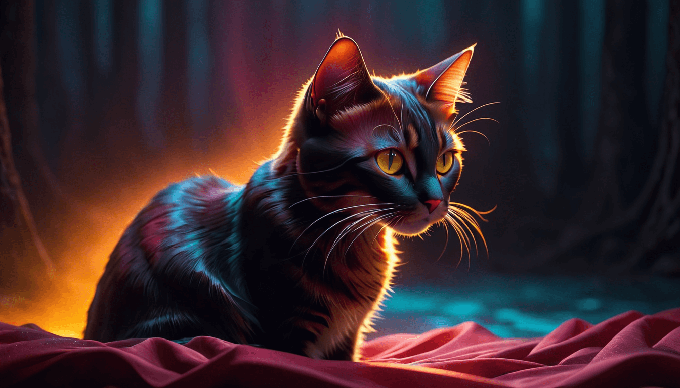 A surreal scene where a cat bathes in a peculiar glow. The cat's original colors have been replaced by an amber radiance that dances off its fur. The background shifts, blending between hues of vibrant crimson and silent, fading hues, creating a mesmerizing flow. A sense of enigmatic essence fills the atmosphere, wrapping everything in a layer of mystery. The scene is instilled with a dreamlike tranquility, the luminous contrast between the cat and its surroundings further underscoring the calm. Embedded within it all, a twilight shroud gently dapples the scene, casting patches of light and shadow.