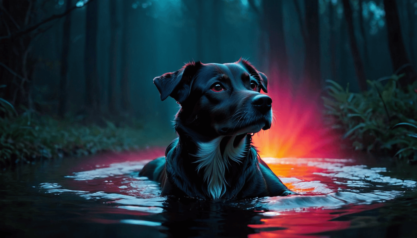 A surreal scene where a dog bathes in a peculiar glow. The dog's original colors have been replaced by an amber radiance that dances off its fur. The background shifts, blending between hues of vibrant crimson and silent, fading hues, creating a mesmerizing flow. A sense of enigmatic essence fills the atmosphere, wrapping everything in a layer of mystery. The scene is instilled with a dreamlike tranquility, the luminous contrast between the dog and its surroundings further underscoring the calm. Embedded within it all, a twilight shroud gently dapples the scene, casting patches of light and shadow.