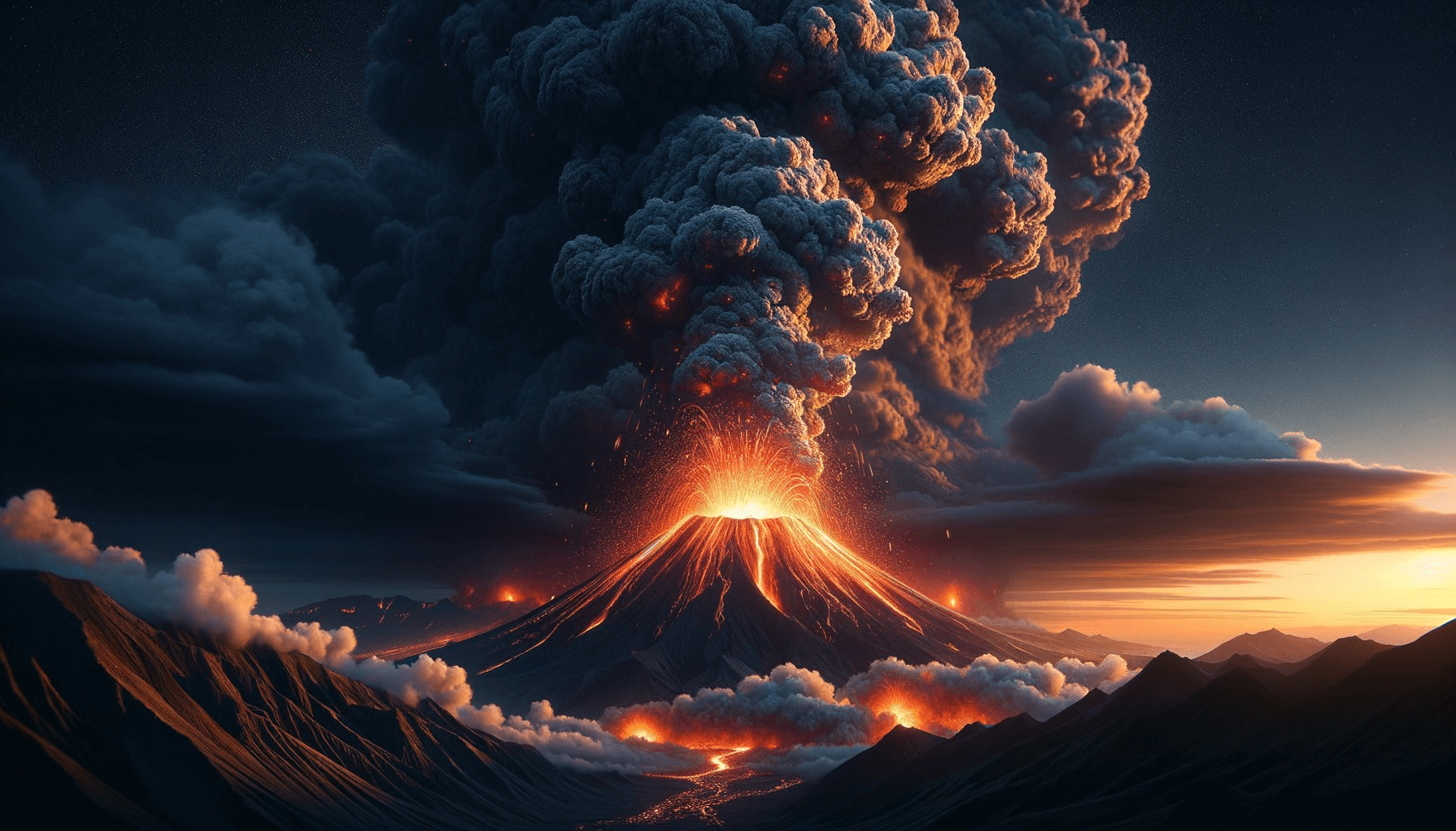 Generate a close-up stunning, photorealistic depiction of a moment in time where nature showcases its tremendous power and awe-inspiring grandeur with an erupting volcano, spewing molten lava into the sky, as plumes of volcanic ash rise and blanket the sky creating a dramatic scene. Features such as the bright orange and yellow glow of lava, the dark ominous ash clouds, and rugged volcanic terrain should be vividly portrayed against a dusky, looming sky. The image should also capture the unsettling sense of imminent danger and the serenity of the surrounding untouched nature, creating a powerful contrast..