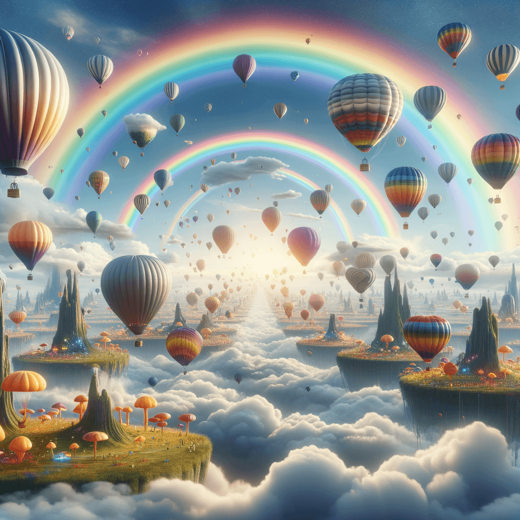 Imagine a festival where hot air balloons of all sizes float through a surreal, dreamlike sky filled with floating islands and rainbows