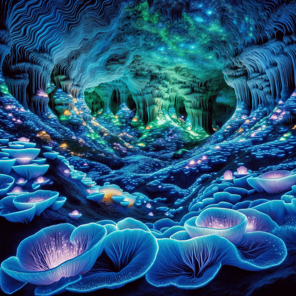 Create an image of an underground cave system where every surface glows with bioluminescent fungi and crystals, casting an otherworldly light on the cavern walls