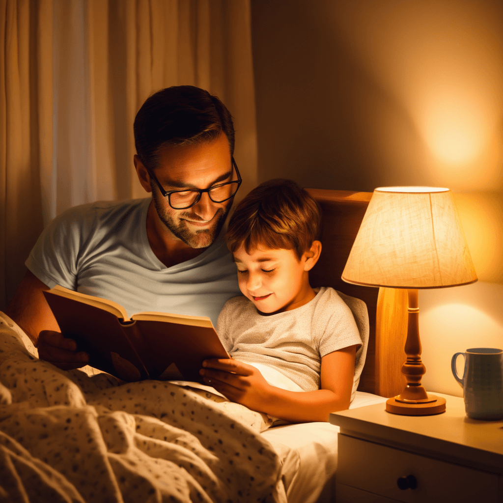 Father reading a bedtime story to his child, both snuggled in bed, with a soft glow from a bedside lamp.