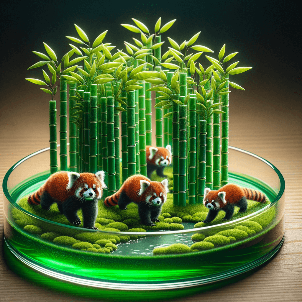 A petri dish with a bamboo forest growing within it that has tiny red pandas running around.